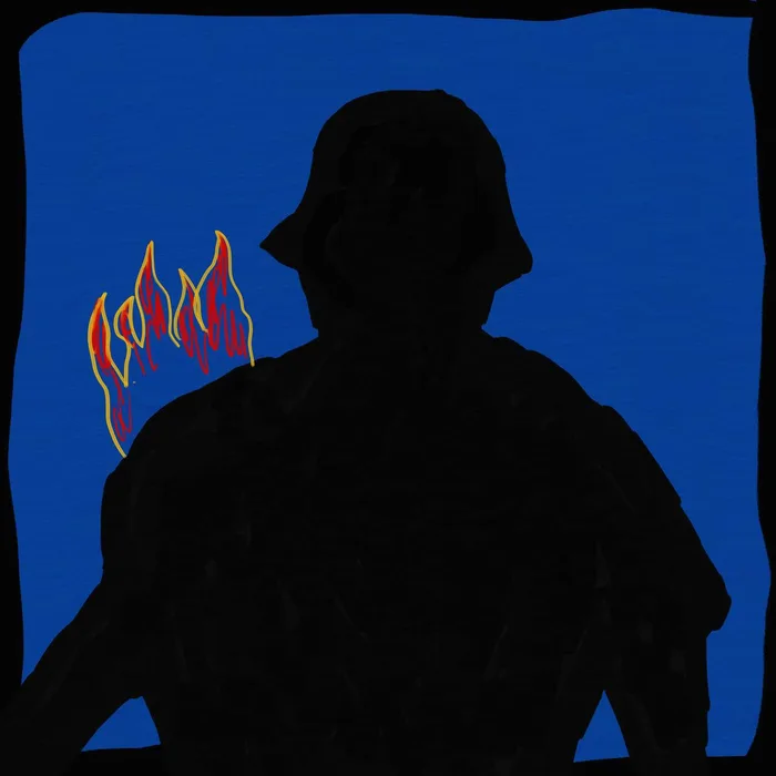 Developer profile artwork — a dark silhouette on blue